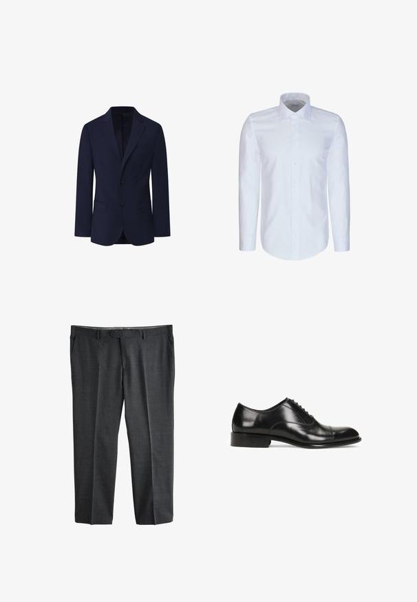 Façonnable PIMA COTTON STRETCH - Blazerjasje - marine blue; Witte overhemd met lange mouwen, puntige kraag en knoopsluiting aan de voorkant, afgebeeld op een egale achtergrond.; Donkere grijze formele pantalon met knoop- en ritssluiting aan de voorkant, riemlussen en zijzakken, plat weergegeven op een witte achtergrond.; Zwarte leren dresschoenen met een ronde neus, vetersluiting, een gladde textuur en een gestapelde hak. Bevat minimale stiksels.