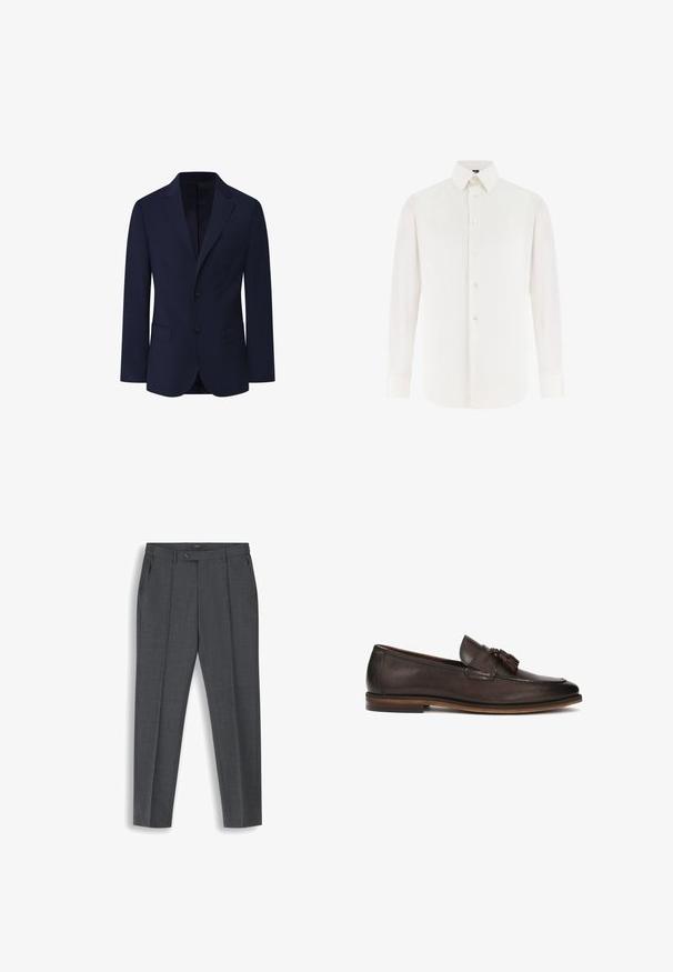 Façonnable PIMA COTTON STRETCH - Blazerjasje - marine blue; Witte herenoverhemd met lange mouwen, met puntkraag en sluiting met knopen aan de voorkant, weergegeven op een witte achtergrond.; Donkergrijze, op maat gemaakte herenbroek met voorplooien, riemlussen, zijzakken en een knoopsluiting in de taille.; Donkerbruine leren instappers met een gladde textuur, decoratieve kwastjes en een contrasterende bruine zool. Klassiek slip-on ontwerp.
