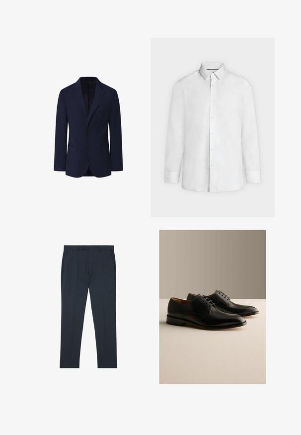 Façonnable PIMA COTTON STRETCH - Blazerjasje - marine blue; Wit overhemd met lange mouwen, een brede kraag en knoopmanchetten, van voren getoond op een effen lichtgrijze achtergrond.; Donkergrijze op maat gemaakte nette broek met lussen voor riem en zijzakken, plat gelegd tegen een witte achtergrond.; Een paar zwarte leren formele veterschoenen tentoongesteld op een lichte ondergrond met een effen beige achtergrond.