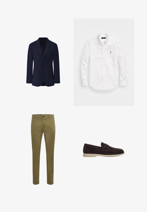 Façonnable PIMA COTTON STRETCH - Blazerjasje - marine blue; Witte button-up shirt van katoen, met lange mouwen, een gebogen zoom en een klein geborduurd logo op de borst.; Olijfgroene chino's van zachte katoen, met een rechte pasvorm, knoopsluiting, riemlussen en zij- en achterzakken.; Donkerbruine suède loafer met een beige zool, insteekontwerp en een klassieke riemdetail over het bovenste deel.