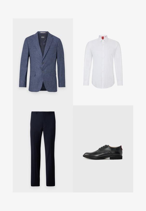 Donkerblauw gestructureerd herenblazer met inkeping revers, twee knopen, voorvakken met klep en merk-label aan de binnenkant.; Witte langemouwen blouse met een geknoopt kraagje, voorzien van een knoopsluiting aan de voorkant en zachte, gladde stof. Geen patronen of accenten zichtbaar.; Navy blauwe op maat gemaakte broeken met een rechte snit, voorzien van twee voorklappen en een gladde textuur. Gemaakt van lichte stof.; Zwarte leren herenschoen met vetersluiting en rood trekfolie op de hiel tegen een effen achtergrond.
