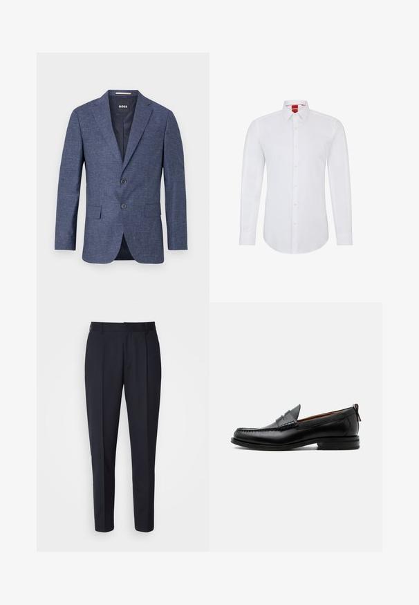 Herre mørkeblå tekstureret blazer med hak revers, to knapper, forlommer med klap og mærket inderlabel.; Hvid langærmet skjorte med krave, der har en knappet front og blødt, glat stof. Ingen mønstre eller detaljer synlige.; BOSS PERIN - Bukser - navy; Sort læder herre loafer med moc-tå syning, penny strop, struktureret krave og lav stablet hæl på hvid baggrund.