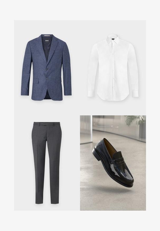 Herre mørkeblå tekstureret blazer med hak revers, to knapper, forlommer med klap og mærket inderlabel.; Hvid langærmet skjorte med knapper og spidst krave, lagt fladt på en lysegrå baggrund.; Grå skræddersyede bukser med en glat tekstur, lige pasform, flad front og bæltesløjfer. Har et subtilt ternet mønster og en kant ned foran.; Sorte patentlæder loafer med en syet detalje, rund tå, lav hæl og glat overflade, præsenteret mod en neutral baggrund.