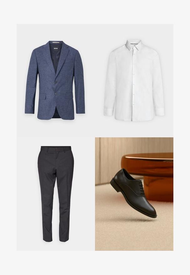Donkerblauw gestructureerd herenblazer met inkeping revers, twee knopen, voorvakken met klep en merk-label aan de binnenkant.; Wit overhemd met lange mouwen, een brede kraag en knoopmanchetten, van voren getoond op een effen lichtgrijze achtergrond.; Grijze op maat gemaakte broek met een gladde textuur, slim fit en taps toelopende benen, met een platte voorkant en riemlussen voor extra detail.; Zwarte gepolijste leren veterschoen zweeft boven een beige tapijt, met een grote ronde glazen tafel in amberkleur op de achtergrond.