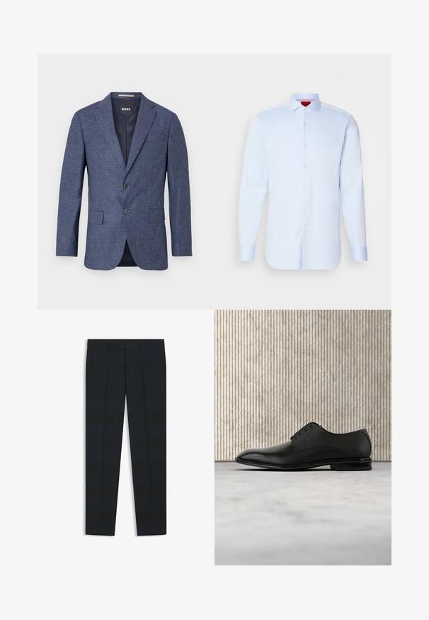 Donkerblauw gestructureerd herenblazer met inkeping revers, twee knopen, voorvakken met klep en merk-label aan de binnenkant.; Lichtblauwe overhemd met lange mouwen, knoopsluiting en een spreidkraag, afgeronde onderkant en witte knopen. Glad stof met een subtiele glans.; Zwarte slim-fit pantalon met riemlussen, voorplooien en zijzakken, plat uitgestald op een witte achtergrond.; Zwarte leren nette schoen met een gladde, gepolijste afwerking en een gestructureerd bovenwerk, voorzien van zes veters gaatjes en een ronde neus.