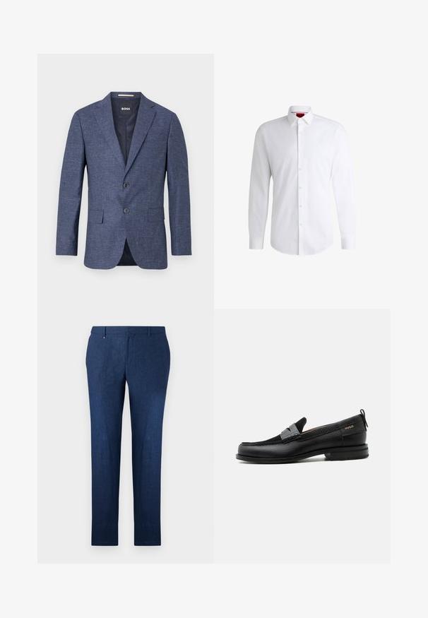 Herre mørkeblå tekstureret blazer med hak revers, to knapper, forlommer med klap og mærket inderlabel.; Hvid skjorte med knapper lavet af glat stof med klassisk krave, lange ærmer og rundet kant. Har beige knapper foran.; Mørkeblå bukser lavet af struktureret stof, med lige ben og et klassisk fladt frontdesign. Ingen synlige mønstre eller accenter.; Sort læderloafer med grå remdetalje, lav hæl og tekstureret sål, mærket med "HUGO" i guld på siden.