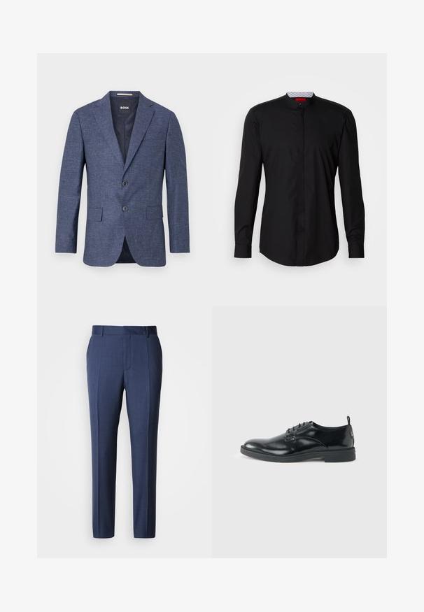 Blazer texturé bleu foncé pour homme avec revers crantés, deux boutons, poches avant à rabat et étiquette intérieure de marque.; Chemise noire à manches longues avec col mandarin, confectionnée dans un tissu lisse, dotée d'une patte de boutonnage à l'avant et de détails de design subtils.; Pantalon bleu marine sur mesure en tissu lisse, avec devant plat, passants pour ceinture et plis marqués pour un look soigné.; Chaussure habillée en cuir noir brillant avec un petit talon, fermeture à lacets et bout rond, vue de côté sur un fond uni et clair.