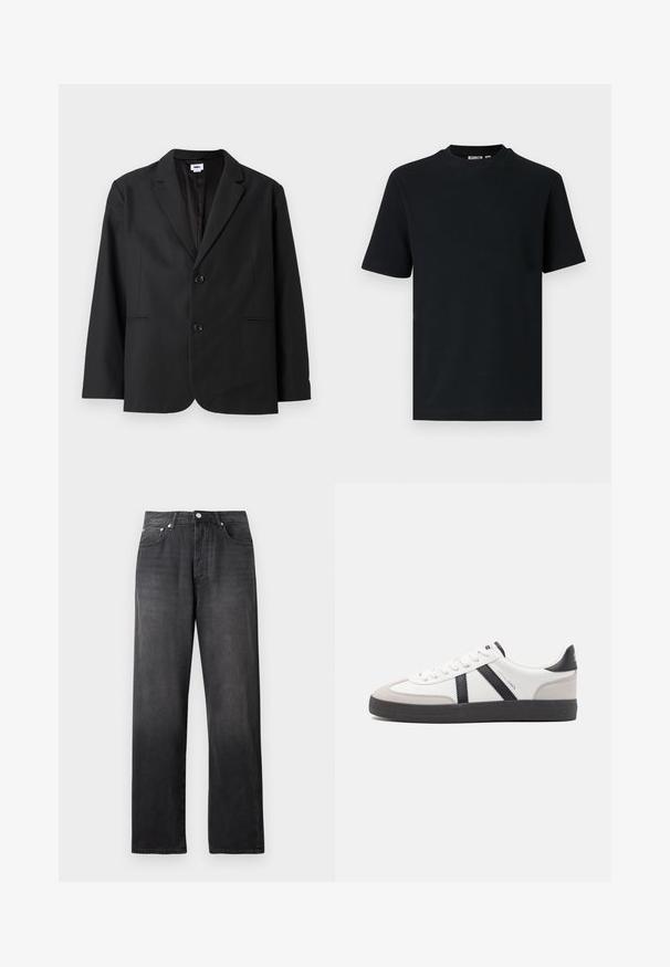 Sort blazer med skræddersyet pasform, to frontknapper, spidse revers og sidelommer. Lavet af tekstureret stof, med ensfarvet design.; Sort kortærmet ribstrikket T-shirt med rund hals og et lille synligt mærke indeni kraven.; Sorte, højtaljede straight-leg jeans med frontknap og lynlås, to forlommer og diskrete falmede detaljer.; Hvide sneakers med sorte og grå detaljer, med en tekstureret grå tåhætte, sort gummisål og flade hvide snørebånd. Rent design, minimalistisk stil.