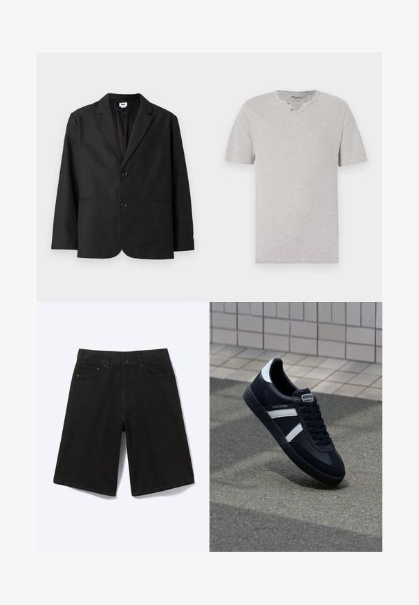 Zwarte blazer met een getailleerde pasvorm, twee voorknopen, geknipte revers en zijzakken. Gemaakt van gestructureerde stof met een effen kleurdesign.; Korte mouwen, grijs en wit gestreept T-shirt met een ronde kraag en twee-knopen detail bij de halslijn. Zachte stof met een casual pasvorm.; Zwarte denim short tot op de knie met voorste knoop, riemlussen en vijf zakken, afgebeeld tegen een witte achtergrond.; Zwarte leren sneaker met witte strepen, een gestructureerde rubberen zool en vetersluiting aan de voorkant. Voorzien van een merklabel op de tong.