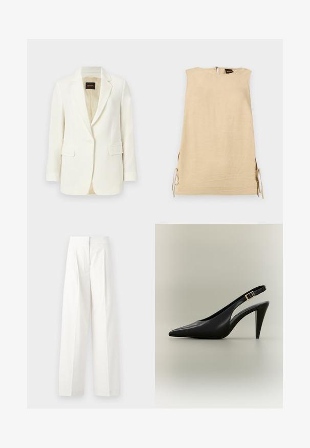 Veste blazer blanche cintrée à un bouton, avec revers crantés, poches à rabat et doublure intérieure beige, marquée du label BOSS à l'intérieur du col.; Robe beige sans manches avec fentes latérales nouées par des nœuds, col montant et fermeture éclair au dos avec étiquette de la marque Boss visible.; Pantalons larges blancs à taille haute, dotés de plis à l'avant et d'une texture lisse, fabriqués en tissu léger.; Escarpin à bride arrière en cuir noir avec bout pointu, boucle dorée et talon effilé sur un fond neutre.