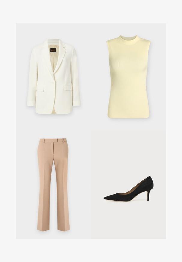 Veste blazer blanche cintrée à un bouton, avec revers crantés, poches à rabat et doublure intérieure beige, marquée du label BOSS à l'intérieur du col.; Top sans manches en maille côtelée jaune pâle avec un col rond montant, silhouette ajustée et tissu doux texturé.; Pantalon beige droit sur mesure avec passants de ceinture et plis avant, présenté sur un fond blanc.; Escarpin en daim noir à bout pointu avec un talon stiletto fin de hauteur moyenne et un design à coupe basse sur un fond uni.