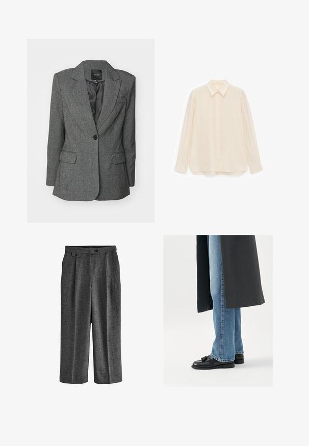 Sivý blazer vyrobený z textúrovaného materiálu, s klopovým golierom, jedným gombíkom na zapínanie a dvoma prednými vreckami. Viditeľná podšívka.; Krémová košeľa na gombíky z hladkej látky, s golierom, dlhými rukávmi a mierne zaobleným lemom.; Next REGULAR FIT N PREMIUM WIDE LEG PLEATED - Oblekové nohavice - grey; Čierne kožené mokasíny s třásňami, nosené s svetlo modrými rovnými džínsami, doplnené tmavo šedým kabátom. Čisté línie a textúrovaná tkanina.