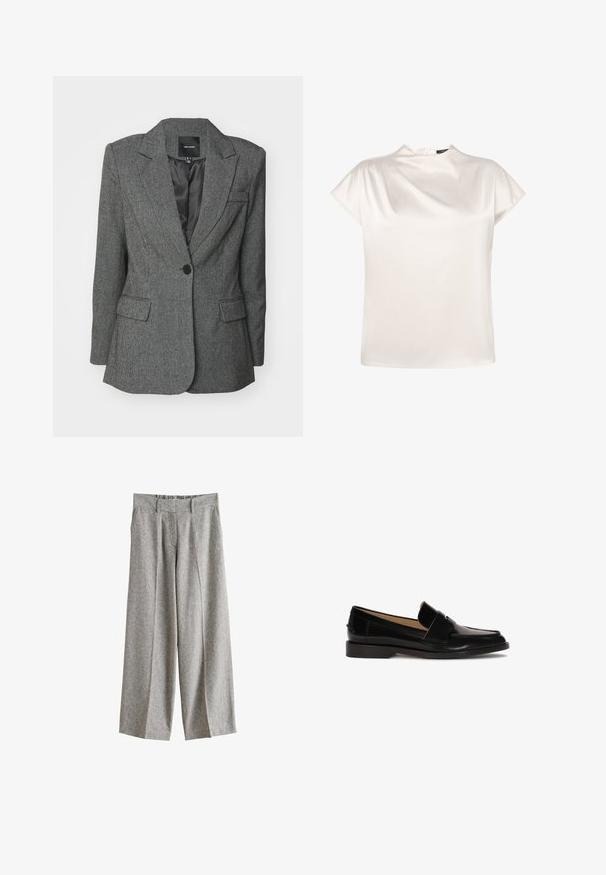 Grau blazer aus einem strukturierten Stoff, mit einem Reverskragen, einem einzelnen Knopfverschluss und zwei Fronttaschen. Gefüttertes Innenleben sichtbar.; zero Bluse - eggnog; Graue, weit geschnittene Wollhose mit Bundschlaufen, Vorderfalten und seitlichen Taschen, vor weißem Hintergrund präsentiert.; Schwarze Lederhalbschuhe mit glatter Oberfläche, abgerundeter Zehenpartie und einem dekorativen Riemen über der Vorderseite. Design mit niedrigem Blockabsatz.