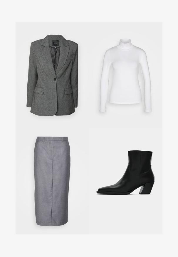 Sivý blazer vyrobený z textúrovaného materiálu, s klopovým golierom, jedným gombíkom na zapínanie a dvoma prednými vreckami. Viditeľná podšívka.; Biela dlhá rukáv turtleneck košeľa vyrobená z hladkej, pružnej látky. Má priliehavý strih a vysoký golier. Bez viditeľných vzorov alebo akcentov.; ONLY ONLNANCY LONG SKIRT - Puzdrová sukňa - medium grey/white; Čierna kožená členková topánka s špicatou špičkou, elegantným siluetou a masívnym štvorecovým podpätkom. Hladký povrch s minimálnymi švovými detailmi.