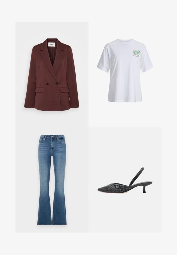 Bordeaux dobbeltbrystet blazer lavet af et struktureret stof med sorte knapper, der har to forreste lommer og en defineret krave.; Hvid T-shirt med korte ærmer og et lille grønt og rødt motiv med sushi-ruller og teksten "SINCE 2020" på øverste venstre bryst.; ONLY Flared fit ONLBLUSH Mid waist - Flared jeans - medium blue denim; Sort vævet spids slingback-sko med lav kitten-hæl på en ensartet lys baggrund.