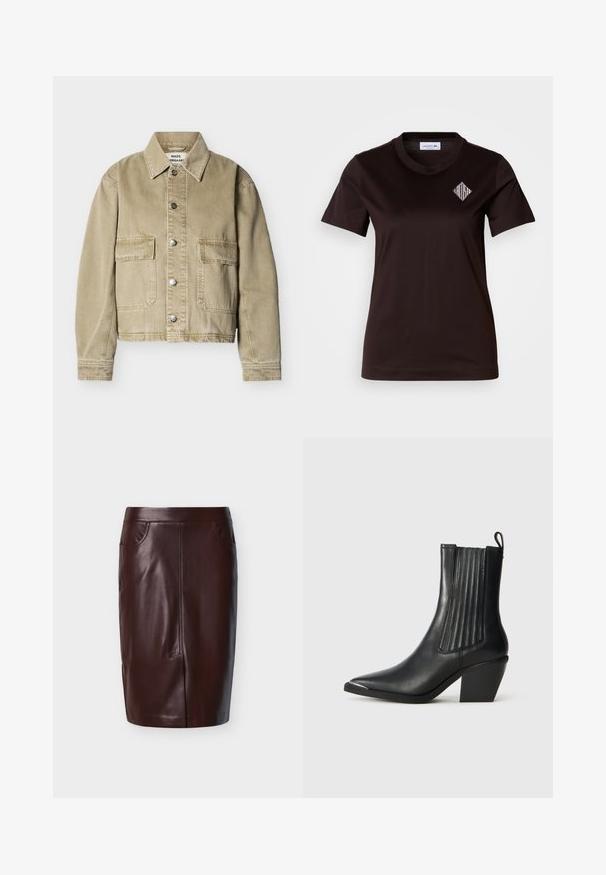 Veste en denim beige à manches longues, deux poches à rabat à l'avant, boutons-pression en métal et col classique, posée à plat sur un fond blanc.; T-shirt en coton noir avec encolure ronde et manches courtes. Présente un logo Lacoste en forme de diamant blanc sur la partie gauche de la poitrine.; Jupe crayon en cuir marron à texture lisse, avec deux poches latérales et des détails de couture à l'avant, conçue pour une coupe ajustée.; Botte noire en cuir jusqu'à la cheville avec un bout pointu, des panneaux latéraux côtelés, et un talon épais, sur un fond en carreaux texturés.