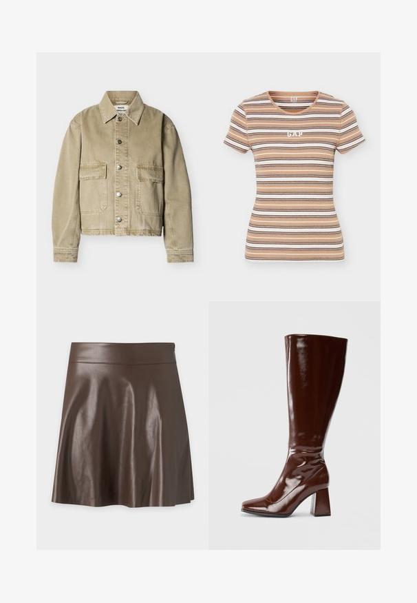 Veste en denim beige à manches longues, deux poches à rabat à l'avant, boutons-pression en métal et col classique, posée à plat sur un fond blanc.; T-shirt à manches courtes, beige et marron rayé en maille côtelée avec logo blanc GAP centré sur la poitrine.; Jupe trapèze en cuir synthétique marron foncé avec une taille haute et une texture lisse légèrement brillante.; Bottes en cuir verni marron jusqu'aux genoux avec un bout carré, finition brillante et un talon épais pour la stabilité. Design sans couture sans matériel visible.
