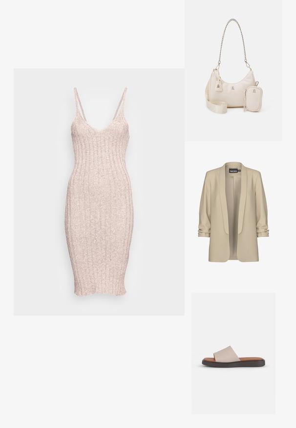 Blazer beige con cuello de chal y parte delantera abierta. Textura suave y lisa; mangas 3/4 con un detalle fruncido. Sin cierres.; Zign by Zalando SUMMER STRAPPY DRESS - Vestido de punto - mottled brown; Sandalia deslizante beige con una correa ancha, plantilla contorneada color tostado y una suela de plataforma marrón oscuro. Textura suave, diseño sencillo.; Bolso de mano de cuero beige con forma curva, correa de cadena, herrajes plateados y un pequeño bolso extraíble. Correa texturizada con patrón de logo.