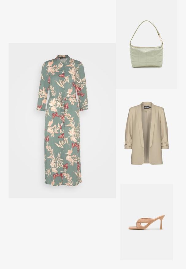 Beige Blazer mit Schalkragen und offener Vorderseite. Weiche, glatte Textur; 3/4-lange Ärmel mit Raffung. Keine Verschlüsse.; Vero Moda VMEASY Midi - Blusenkleid - laurel wreath; Glamorous Pantolette hoch - camel; Gepolsterte grüne Schultertasche mit weicher Textur, rechteckiger Form, einem Trageriemen und goldfarbener Reißverschlussöffnung. Verfügt über ein gestepptes Muster.