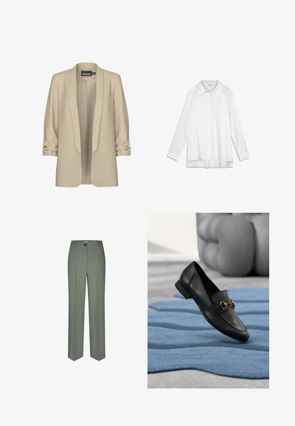 Blazer beige con cuello de chal y parte delantera abierta. Textura suave y lisa; mangas 3/4 con un detalle fruncido. Sin cierres.; Camisa blanca de manga larga hecha con tela suave, que cuenta con un cuello clásico, cierre con botones al frente y un dobladillo trasero ligeramente alargado.; Pantalones verdes a medida hechos de una tela suave, con un diseño de pierna recta, pliegues delanteros y un cierre con un solo botón.; Mocasín de cuero negro con detalle de hebilla dorada colocado sobre una alfombra azul texturizada y un fondo desenfocado de escultura gris.