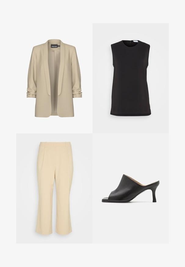 Bež bleiser šaalikaelusega ja avatud esiosaga. Pehme, sile tekstuur; 3/4 pikkusega varrukad koos kogumise detailiga. Ilma kinnitusteta.; Calvin Klein STRUCTURE SLEEVELESS - Topp - black; Esprit Collection PLEATED CULOTTE - Püksid - sand; Selected ASHLEY - Kontsaga tagant lahtised kingad - black