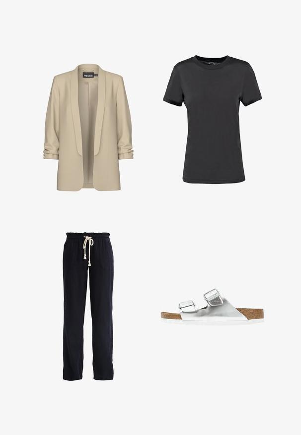 Beige Blazer mit Schalkragen und offener Vorderseite. Weiche, glatte Textur; 3/4-lange Ärmel mit Raffung. Keine Verschlüsse.; Schwarzes T-Shirt mit kurzen Ärmeln aus glattem Stoff. Verfügt über einen Rundhalsausschnitt ohne sichtbare Muster oder Akzente und bietet ein einfaches Design.; Hose aus navyblauem Leinen mit einem Kordelzugbund und Quastenakzenten, mit zwei Seitentaschen und entspannter Passform.; Silberne metallische Sandale mit zwei verstellbaren Riemen, Korkfußbett und weißer Sohle. Glatte Oberfläche mit glänzendem Finish.