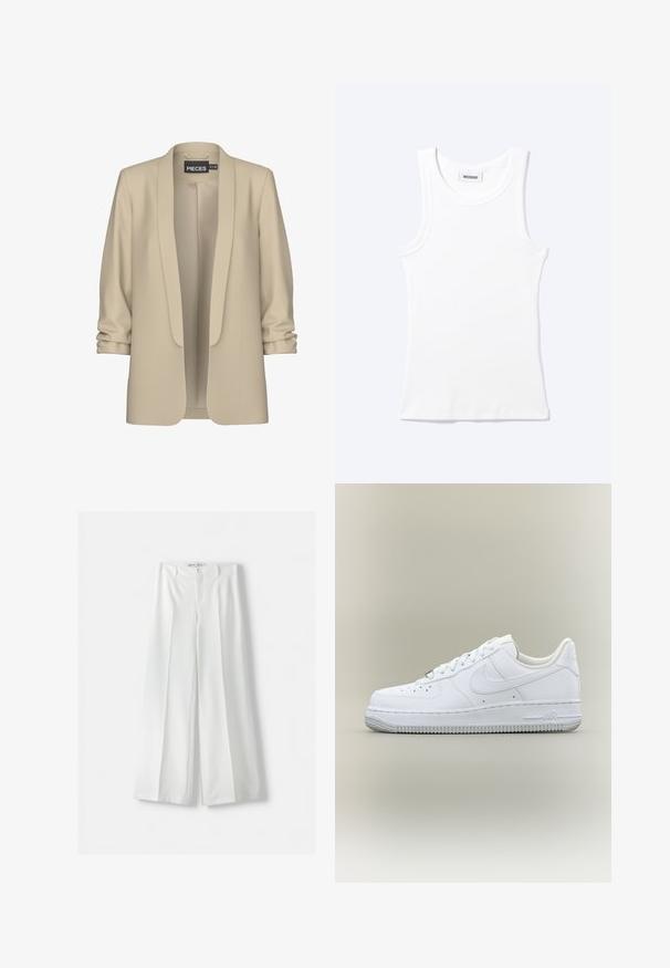 Beige Blazer mit Schalkragen und offener Vorderseite. Weiche, glatte Textur; 3/4-lange Ärmel mit Raffung. Keine Verschlüsse.; Weißes ärmelloses geripptes Tanktop mit rundem Ausschnitt und einem kleinen Etikett mit der Aufschrift "WEEKDAY" innen im Kragen.; Weiße, weite Hosen mit hohem Bund, mittigem Bundfalten und klassischem Knopfverschluss. Hergestellt aus glattem Stoff mit einem maßgeschneiderten Design.; Weißer Nike Air Force 1 Sneaker in Low-Top-Form mit Schnürsenkeln, perforierter Zehenkappe und strukturierter Gummisohle vor neutralem Hintergrund.