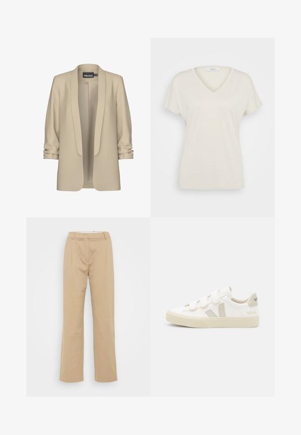 Beige blazer met een sjawl kraag en een open voorkant. Zachte, gladde textuur; 3/4 mouwen met een gathered detail. Geen sluitingen.; Crème V-hals T-shirt met korte mouwen, zachte stof, ontspannen pasvorm en een eenvoudig ontwerp. Geen zichtbare patronen of accenten.; Beige wijde broek van een gestructureerde stof, met een middelhoge taille, voorplooien en een gestroomlijnd ontwerp.; Witte sneakers met klittenbandsluitingen, suède accenten in beige, gestructureerde rubberen zool en een V-logo in grijs. Minimalistisch ontwerp, ronde vorm.