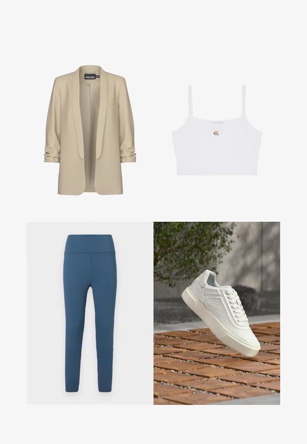 Beige blazer met een sjawl kraag en een open voorkant. Zachte, gladde textuur; 3/4 mouwen met een gathered detail. Geen sluitingen.; Witte cropped top met dunne bandjes en een klein, meerkleurig "CK" logo in het midden van de borst.; Blauwe high-waisted leggings gemaakt van rekbaar materiaal. Gladde textuur met een slim fit en gestikte details langs de naden.; Witte sneaker met geometrisch patroon en dikke zool, hangend boven een houten lattenvloer buiten, met groen en een muur op de achtergrond.