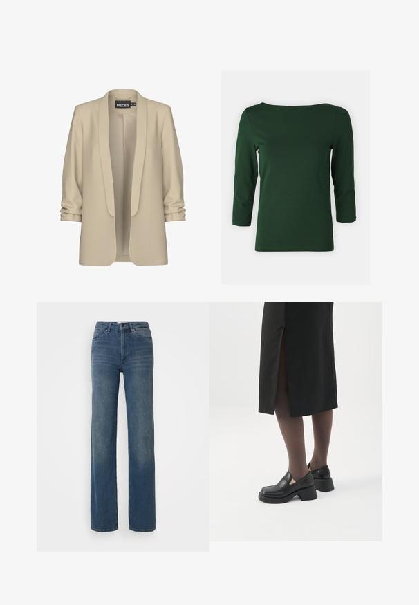 Beige blazer med sjalskrave og åben front. Blød, glat tekstur; 3/4 længde ærmer med en samlede detalje. Ingen lukninger.; Mørkegrøn, langærmet bluse med bådudskæring. Glat tekstur, tætsiddende design og ærmer i mellemlængde. Ingen synlige mønstre eller detaljer.; Blå højtaljede lige ben jeans med forlommer, bæltesløjfer, knap og lynlås lukning. Let falmet detaljering på lårene.; Kvinde iført sorte loafers med chunky hæl, sorte tynde strømpebukser og en sort nederdel med slids bagpå på hvid baggrund.