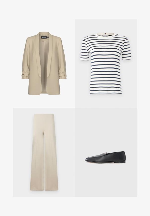 Beige blazer med sjalskrave og åben front. Blød, glat tekstur; 3/4 længde ærmer med en samlede detalje. Ingen lukninger.; Hvid bomulds T-shirt med marineblå vandrette striber, korte ærmer og rund halsudskæring. Har et lille logo på venstre bryst.; Beige vidde bukser lavet af blødt stof med en glat tekstur. Har en høj elastisk talje for komfort og et rent, minimalistisk design.; Sorte læderloafers med en glat tekstur, rundet tå og subtile syningsdetaljer. Har en guldfarvet logoaccent på oversiden.