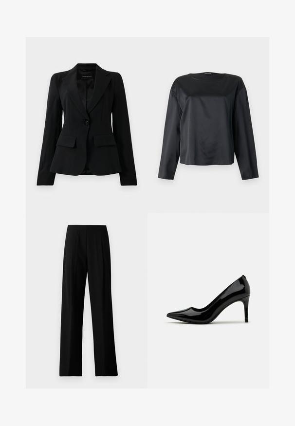 Sort skræddersyet blazer med klapkrave, enkelt sort knaplukning og to frontlomme med klap, præsenteret mod en ensfarvet hvid baggrund.; Sort, langærmet satinskjorte med rund halsudskæring og afslappet pasform, vist fladt mod en lys baggrund.; Sorte vidde bukser lavet af glat stof, med en flad talje og frontfald for et skræddersyet look. Ingen synlig hardware eller mønstre.; Sorte laklæder højhælede pumps med spids tå og slank silhuet, prydet med en glat overflade og minimalistisk design.