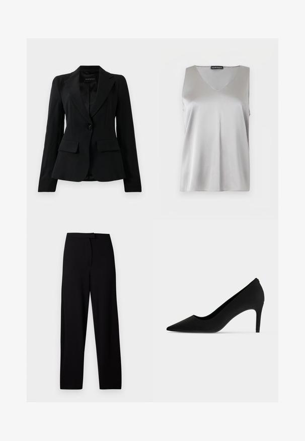 Zwarte op maat gemaakte blazer met notch lapels, enkele zwarte knoopsluiting en twee voorste klepzakken, weergegeven tegen een effen witte achtergrond.; Zilverkleurige satijnen mouwloze top met V-hals en Emporio Armani-label op een witte achtergrond.; Zwarte wijde broek gemaakt van zachte, rekbare stof. Voorzien van een gladde tailleband en zonder zichtbare naden of zakken. Eenvoudig en veelzijdig ontwerp.; Zwarte hoge hak met puntige neus, smalle hak en gladde matte afwerking, zijaanzicht op een witte achtergrond.