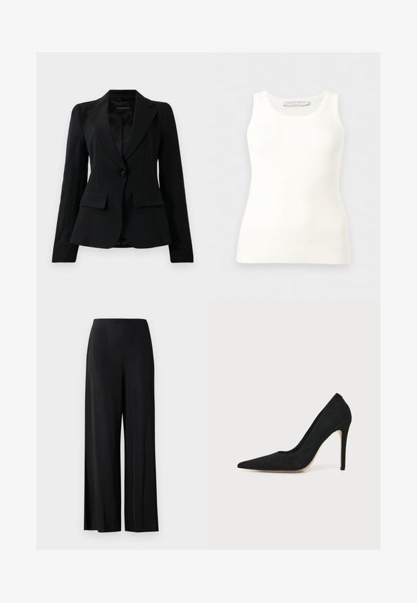 Zwarte op maat gemaakte blazer met notch lapels, enkele zwarte knoopsluiting en twee voorste klepzakken, weergegeven tegen een effen witte achtergrond.; Witte geribbelde mouwloze tanktop met ronde hals, aansluitende pasvorm en merkembleem aan de binnenkant van de achterkant van de kraag.; Zwarte, wijde broek van gladde stof, met een hoge tailleband en geen zichtbare zakken of hardware. Vloerlange stijl.; Zwarte hoge hakken stiletto pump met spitse neus en een gladde structuur, zijaanzicht op een effen lichte achtergrond.