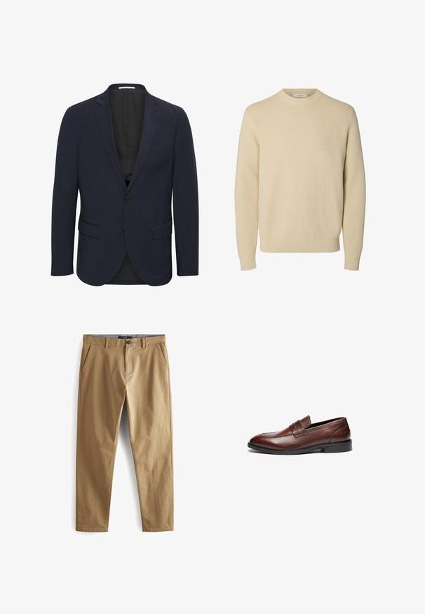 Marineblauer Blazer aus glattem Material, mit einem Reverskragen, zwei vorderen Taschen, einem Ein-Knopf-Verschluss und einem schwarzen Innenfutter.; Schlichter beiger Rundhals-Strickpullover mit langen Ärmeln und gerippten Bündchen und Saum.; Next STRETCH - Stoffhose - dark sand; Braune Lederloafer mit glatter Oberfläche, abgerundeter Spitze, dekorativem Riemen und schwarzer Gummisohle. Merkmale sind minimale Nähte.