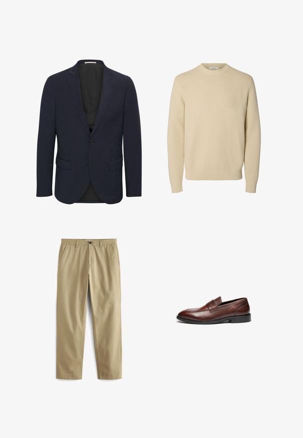 Marineblauer Blazer aus glattem Material, mit einem Reverskragen, zwei vorderen Taschen, einem Ein-Knopf-Verschluss und einem schwarzen Innenfutter.; Schlichter beiger Rundhals-Strickpullover mit langen Ärmeln und gerippten Bündchen und Saum.; Beige Hose aus Baumwollgemisch mit Knopfverschluss, zwei Fronttaschen und geraden Beinen mit minimaler Textur.; Braune Lederloafer mit glatter Oberfläche, abgerundeter Spitze, dekorativem Riemen und schwarzer Gummisohle. Merkmale sind minimale Nähte.