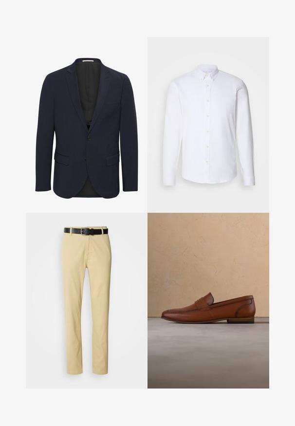 Blazer azul marino hecho de una tela suave, con cuello con muescas, dos bolsillos frontales, cierre de un solo botón y un forro interior negro.; Camisa blanca de manga larga y botonadura, hecha de una tela suave, con un cuello clásico, ocho botones en el frente y puños estándar.; Pantalones de algodón beige de corte recto, sujetos por un cinturón de cuero negro con hebilla plateada.; Zapato mocasín de cuero marrón flotando sobre una alfombra beige con un sofá marrón claro desenfocado en el fondo.
