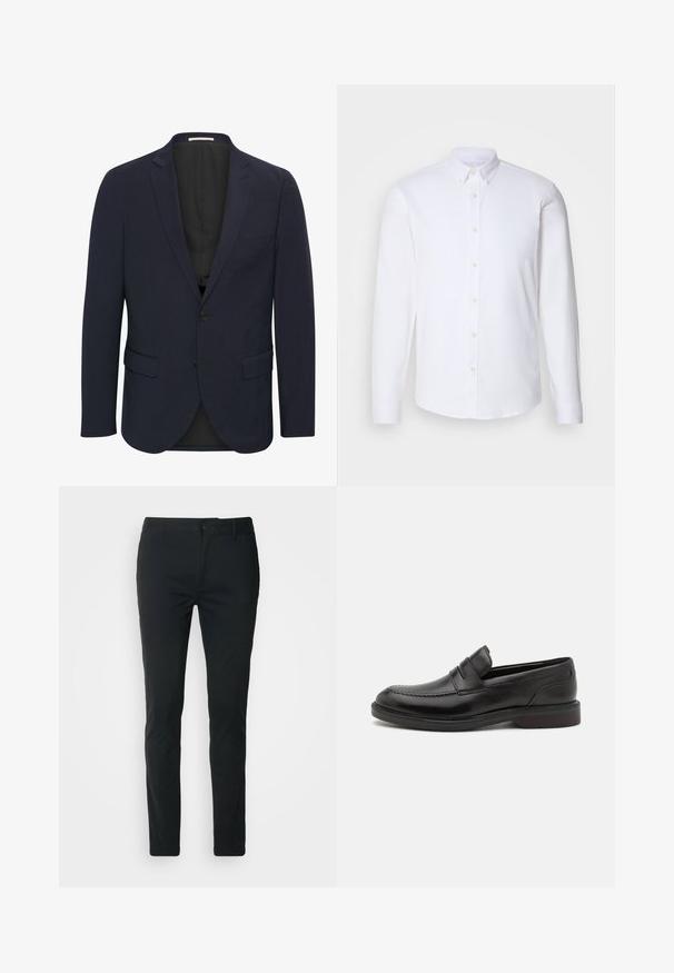 Marineblauer Blazer aus glattem Material, mit einem Reverskragen, zwei vorderen Taschen, einem Ein-Knopf-Verschluss und einem schwarzen Innenfutter.; Weißes Hemd mit langen Ärmeln und Knopfleiste aus glattem Stoff, mit klassischem Kragen, acht Knöpfen auf der Vorderseite und normalen Manschetten.; Schwarze Chinos mit schmalem Schnitt. Hergestellt aus glattem Baumwollstoff, mit Knopfverschluss und Gürtelschlaufen. Keine sichtbaren Muster oder Akzente.; Schwarze Lederloafers mit genähter Zehenpartie, zwei horizontalen Riemen über dem Blatt und einem Holzabsatz. Glatte Textur und abgerundete Form.