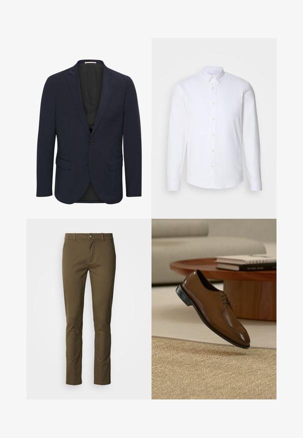 Navyblauwe blazer van soepele stof, met een reverskraag, twee voorzakken, enkele knoopsluiting en een zwarte voering.; Witte langharige overhemd met knopen gemaakt van een gladde stof, met een klassieke kraag, acht knopen aan de voorkant en standaard manchetten.; Bruine katoenen broek met een smalle pasvorm, voorzien van een knoopsluiting, zijzakken en strakke lijnen. Soepele textuur met minimale stikdetails.; Bruine leren nette schoen met veters zwevend boven een beige gestructureerd tapijt, ronde houten salontafel en boeken op de achtergrond.