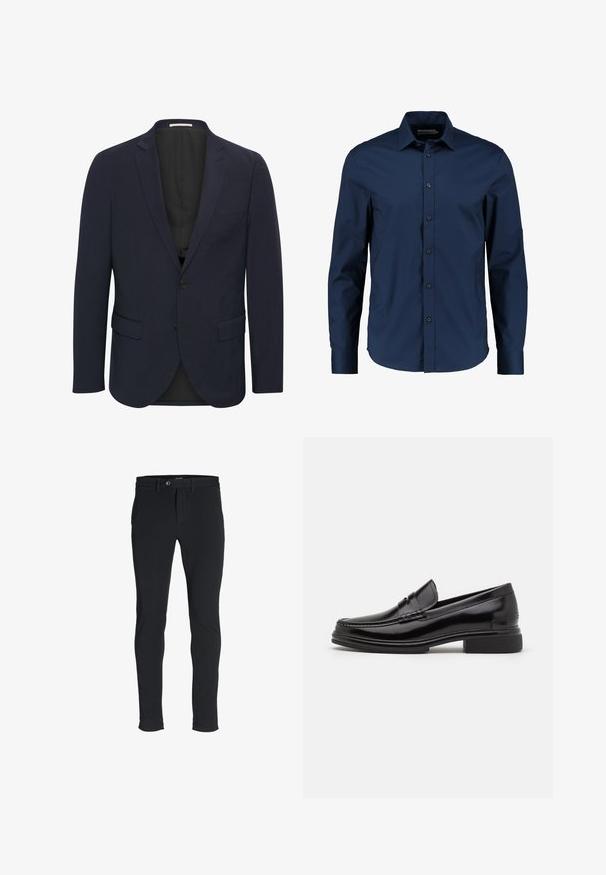 Navyblauwe blazer van soepele stof, met een reverskraag, twee voorzakken, enkele knoopsluiting en een zwarte voering.; Navyblauwe lange mouwen shirt van gladde stof, met een klassieke kraag, knopen aan de voorkant en een getailleerde pasvorm met een afgeronde zoom.; Zwarte slim-fit broeken met een zachte textuur, voorzien van een ritssluiting, knoopsluiting en opgerolde broekspijpen aan de onderkant.; Zwarte leren instappers met een afgeronde neus, voorzien van een gestikte detail over de wreef, en een lage blokhak. Glad textuur en glanzende afwerking.