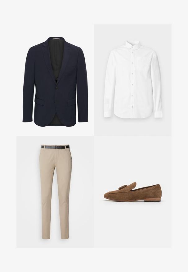 Navyblauwe blazer van soepele stof, met een reverskraag, twee voorzakken, enkele knoopsluiting en een zwarte voering.; Witte blouse met lange mouwen van katoen. Voorzien van een button-down kraag, voorzak en subtiele textuur. Rechte zoom met knoopsluitingen.; Beige chinos met een slim fit, vervaardigd van zacht katoen. Voorzien van een zwarte gestructureerde riem, twee zijzakken en een gladde afwerking.; Bruine suède loafers met een kwastaccent, lage profiel, ronde neus en een gestructureerd oppervlak, gezet op een houten gestapelde hak.