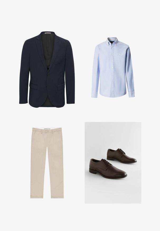 Marineblauer Blazer aus glattem Material, mit einem Reverskragen, zwei vorderen Taschen, einem Ein-Knopf-Verschluss und einem schwarzen Innenfutter.; Hellblaues langärmliges Hemd mit Knopfleiste, Button-Down-Kragen und kleinem weißem, gesticktem Logo auf der linken Brust.; Beige Chinos aus einem Baumwollmischgewebe mit geradem Bein, Fronttaschen und Knopfverschluss an der Taille.; Braune Lederschuhe mit glatter Oberfläche, spitz zulaufender Zehenpartie und Schnürung mit sechs Ösen. Minimalistisches Design mit niedrigem Absatz.