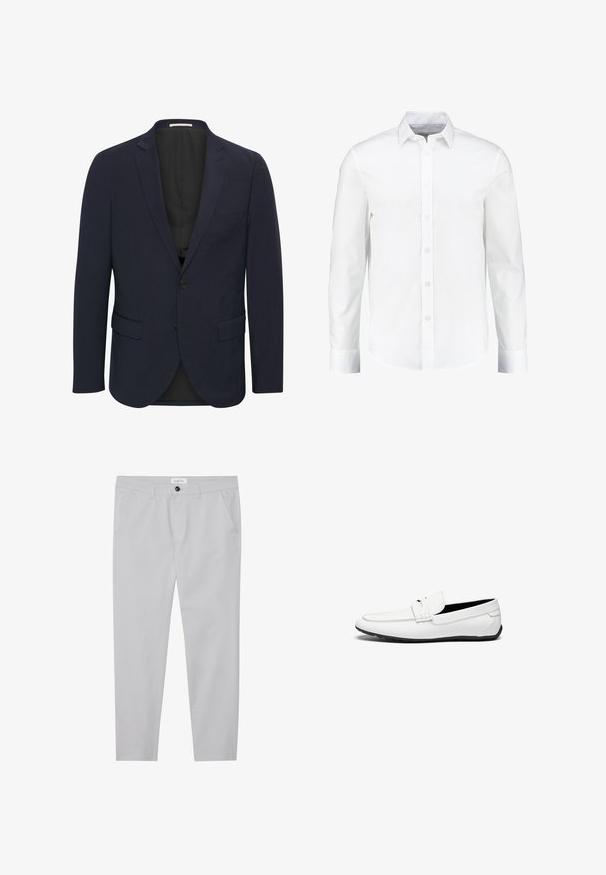 Marineblauer Blazer aus glattem Material, mit einem Reverskragen, zwei vorderen Taschen, einem Ein-Knopf-Verschluss und einem schwarzen Innenfutter.; Weißes langärmliges Hemd mit Knöpfen aus glattem Baumwollstoff. Verfügt über einen klassischen Kragen und eine durchgehende Knopfleiste mit geradem Saum.; Hellgraue Hose aus einem weichen Stoff, mit schlanker Passform, zwei Fronttaschen, Knopfverschluss und subtilen Texturdetails.; Weiße Lederloafer mit glatter Oberfläche, featuring eine gestickte Akzent, eine abgerundete Zehe und eine schwarze Gummisohle für besseren Halt.