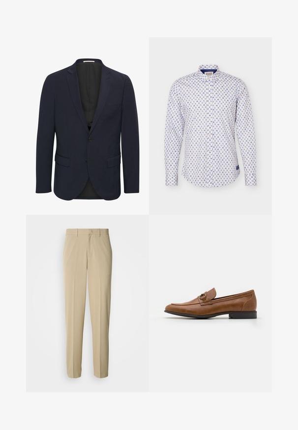 Marineblauer Blazer aus glattem Material, mit einem Reverskragen, zwei vorderen Taschen, einem Ein-Knopf-Verschluss und einem schwarzen Innenfutter.; Weißes Hemd mit Knöpfen und blauem geometrischem Blumenmuster, langen Ärmeln und Standardkragen.; Beige Anzugshosen mit geradem Bein, aus einem glatten Stoff, mit flacher Vorderseite und ohne sichtbare Taschen oder Verzierungen.; Braune Lederloafers mit flachem Absatz, die eine dekorative Metallakzentuiert auf der Vorderseite, ein elegantes Design und eine glatte Textur aufweisen.