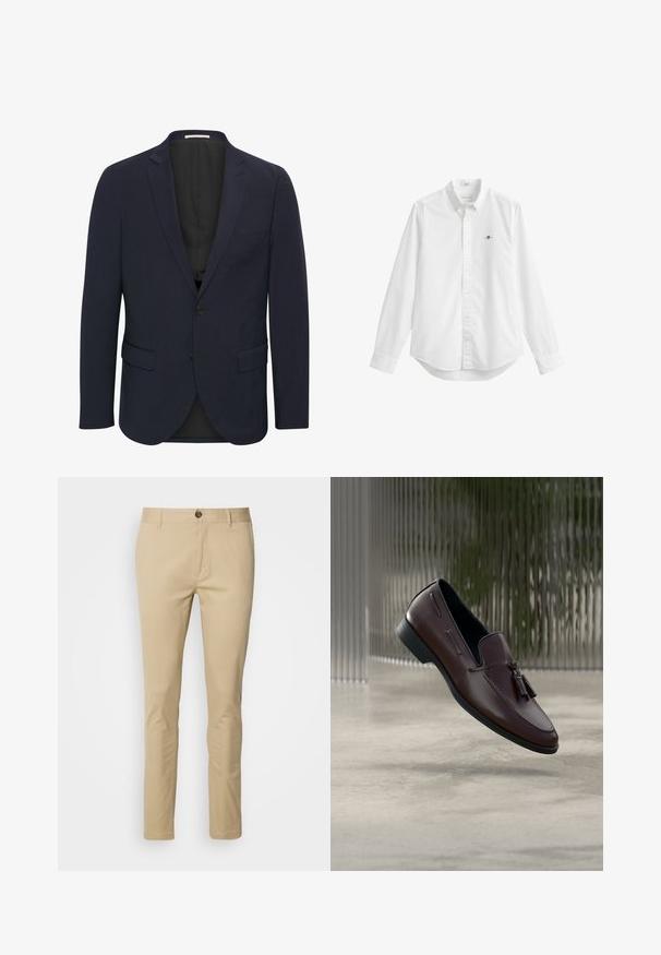 Blazer azul marino hecho de una tela suave, con cuello con muescas, dos bolsillos frontales, cierre de un solo botón y un forro interior negro.; Camisa blanca de manga larga con cuello, botones delanteros y un pequeño logo bordado en el pecho izquierdo.; Chinos beige de corte slim, fabricados en algodón. Presentan un cierre de botón, trabillas para el cinturón y detalles de costura sutiles en los bolsillos.; Mocasines de cuero marrón con una textura suave, decorados con borlas y un detalle de costura elevada, sobre un fondo minimalista.