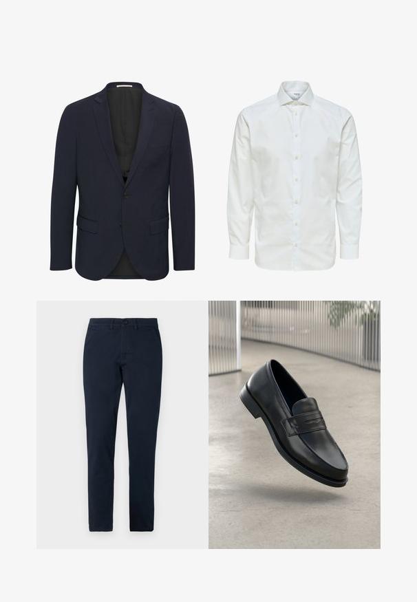 Marineblauer Blazer aus glattem Material, mit einem Reverskragen, zwei vorderen Taschen, einem Ein-Knopf-Verschluss und einem schwarzen Innenfutter.; Weißes Hemd mit langen Ärmeln, durchgeknöpft vorne und spitzem Kragen, vor weißem Hintergrund dargestellt.; Herren Slim-Fit schwarze Hose mit vorderem Knopf- und Reißverschluss, Gürtelschlaufen und Seitentaschen.; Schwarzer Lederloafer mit glatter Textur, spitzer Zehe und einem dekorativen Riemen über dem Rist. Leichte Sohle, minimalistisches Design.