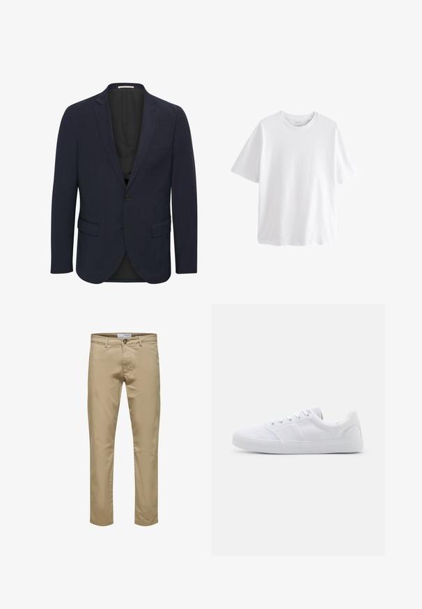 Marineblauer Blazer aus glattem Material, mit einem Reverskragen, zwei vorderen Taschen, einem Ein-Knopf-Verschluss und einem schwarzen Innenfutter.; Schlichtes weißes T-Shirt mit kurzen Ärmeln und Rundhalsausschnitt in entspannter Passform vor weißem Hintergrund.; Beige Slim-Fit-Hose mit Knopf- und Reißverschluss, Gürtelschlaufen und Vordertaschen, auf weißem Hintergrund dargestellt.; Weiße Leinenschuhe mit Gummisohle, ausgestattet mit sechs Ösen, einer strukturierten Zehenkappe und minimalistischer Gestaltung.