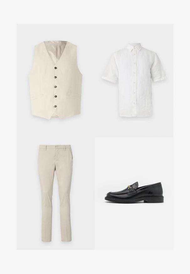Beige linned vest med V-hals, fem mørke knapper og to frontlommer. Indersiden er foret med en lys farve.; Hvid kortærmet skjorte med knapper, lavet af hør, med klassisk krave, træknapper og en let tekstureret overflade.; Beige chinos med lige pasform, der har sidelommer og en glat stofstruktur. Ingen synlige mønstre eller hardwaredetaljer.; Sorte læder loafers med en rund tå, der har guld hardware accent og syningsdetaljer, placeret på en lav, tekstureret gummisål.