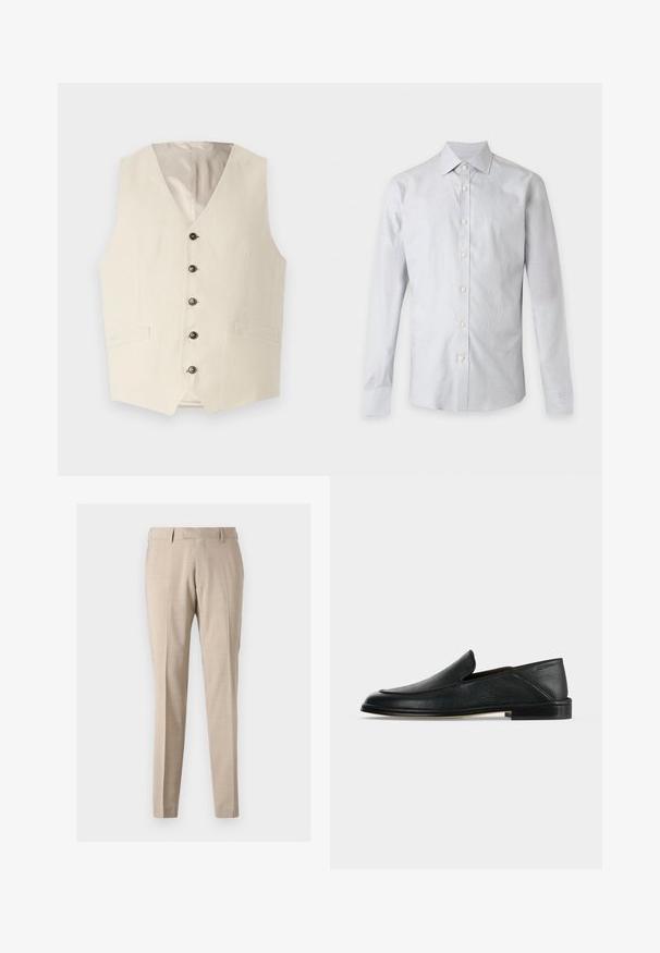 Beige linned vest med V-hals, fem mørke knapper og to frontlommer. Indersiden er foret med en lys farve.; Lysegrå langærmet skjorte med knapper og krave, vist forfra på en ensfarvet hvid baggrund.; Beige tapered bukser lavet af letvægtsstof, med forreste folder, to sidelommer og en glat tekstur.; Sort læder slip-on loafer med lav hæl og rundet tå, vist på en simpel hvid baggrund.