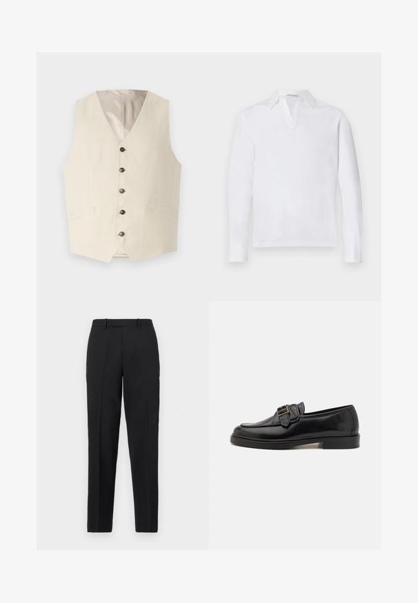 Chaleco de lino beige con escote en V, cinco botones oscuros y dos bolsillos frontales. El interior está forrado en un color claro.; Camisa polo de manga larga blanca con cuello puntiagudo y tapeta parcial. Tejido de algodón suave con una textura lisa. Sin acentos visibles.; Theory STRAIGHT - Pantalones - deep black; Mocasines de cuero negro con punta redonda y un acento decorativo de hebilla. Tacón plano y sólido, con una textura suave en todo el zapato.